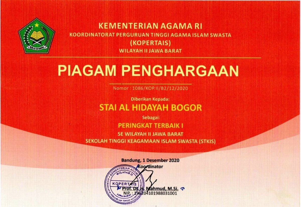 PERINGKAT TERBAIK 1 SE WILAYAH II JAWA BARAT TINGKAT SEKOLAH TINGGI KEAGAMAAN ISLAM SWASTA (PTKIS) TAHUN 2020