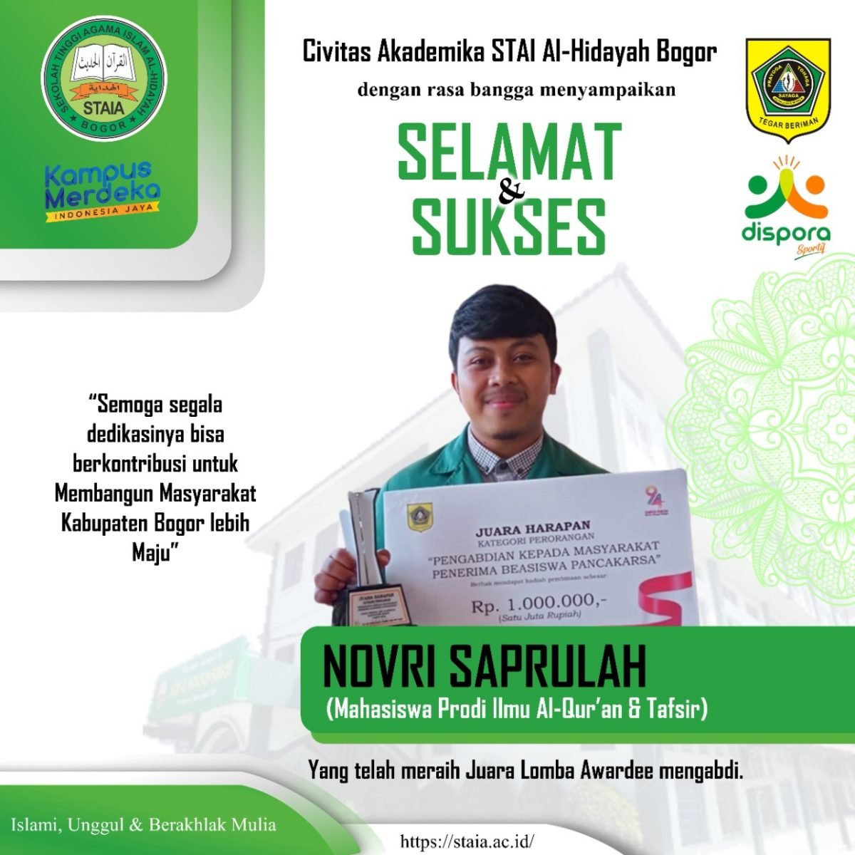 Mahasiswa STAI Al-Hidayah Bogor Terpilih Menjadi Salah Satu Juara Awaerde Mengabdi